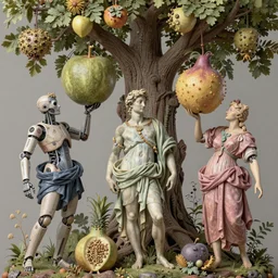 hyperdetailed cyborgs under a big tree, holding huge interesting elaborate fruits. in the style of Michelangelo, with liberty and flemish baroque mixed media details. vibrant textures in natural pastel tones. matte background HD 8x