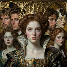 beautiful young medieval queen by zdzisław beksinski, james jean, jean delville, iris van herpen, gustav klimt, and raymond swanland, face centered portrait, hyperdetailed realistic smooth polished porcelain, art nouveau, ornate gothic icon with heavy patina, ultrasharp hyperdetailed photorealistic octane render