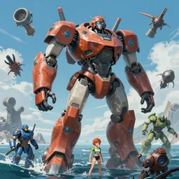 a giant robot against kaiju on ocean, random weapons, random color, pacific rim style, highly detailed, artstation, art by vladimir motsar and emika lightweaver and nicholas cort and paul pepera