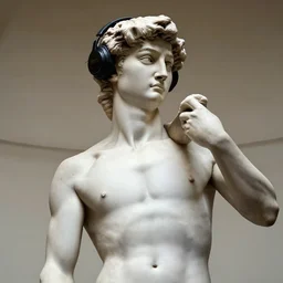 michelangelo david sculpture wearing big headphones