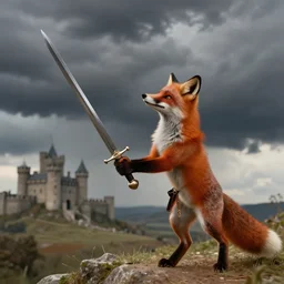 anthropomorphic fox!! who is a medieval knight holding a swo - rd towar - ds a stormy thundercloud [ 1 9 3 0 s film still ], ( castle in the background )