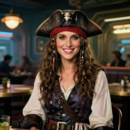 a high quality portrait of natalie portman smiling as a pirate in a cyberpunk cyberpunk cyberpunk cafe, realism, 8k, award winning photo
