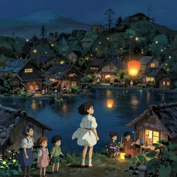 the girl and the flying lanters. anime visual of a cozy village, by the lake at night, fireflies,. by hayao miyazaki and rossdraws and artgerm and greg rutkowski and alphonse mucha. anime production by studio ghibli. high quality, stunning, intricate detailed environment. 8 k