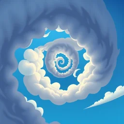 clean cel shaded vector art, spiral, curled blue sky fluffy curled clouds, smoke shaped clouds, from lorax movie, by studio ghibli