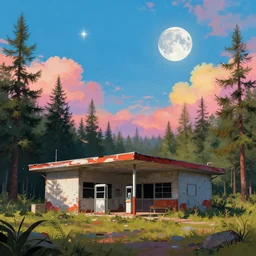 hexagon moon, abandoned gas station in spruce forest, postapocalyptic landscape, volume light, bright, colorful clouds, falling star, matte painting, trending on artstation, alena aenami