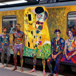 this train!! is really full man, psychedelic, patterned skin, trending on artstation, photorealism!!, vibrant colors, digital art, in the style of harumi hironaka, gustav klimt, egon schiele, coby whitmore, david bates, monet, lisa frank, picasso, octane render.