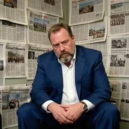 dslr photo still of infowars host alex jones in a blue suit fat beard and mustache sitting depressed in a room filled to the ceiling with newspapers, 5 2 mm f 5. 6