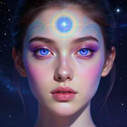 a beautiful colorful digital head and shoulders potrait of an attractive calm girl with hypnotic detailed blue violet eyes and open third eye psychedelic spiritual art, space background, breathtaking stars, hyperrealistic, 4k, detailed, hyper realistic, matte painting, concept art