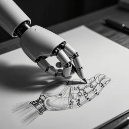 A photo of a robot hand, drawing a picture of of a robot hand in pencil.