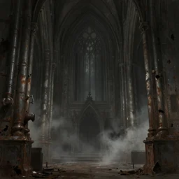 a matte painting of the interior of a gothic church, smooth, digital painting, doom slayer!!!, concept art, rusty metal walls, broken pipes, dark colors, muted colors, tense atmosphere, church cathedral, mist floats in the air, amazing value control, muted colors, moody colors, dramatic lighting, in the style of frank frazetta, doom video game