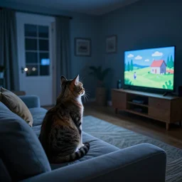 cat sitting on sofa watching TV in night by Mike Winkelmann