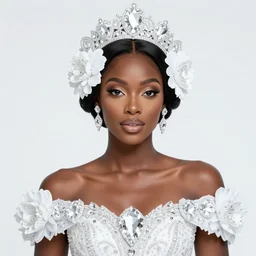 portrait of wonderful princess of white diamonds with dark skin, white flowers, ornate with white diamonds, 8 k, gorgeous, intricate, detailed, glowing white accent lighting, dramatic lighting, octane render