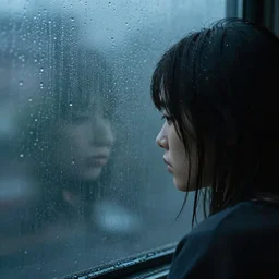 young person looking through window on rainy day, view of her head from behind, sad, lots of raindrops, detailed, cinematic, dramatic lighting