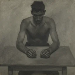 minimal painting of seated figure hands on table. similar aesthetics to ivon hitchins and in the style of john craxton sailors. a table. studio lighting. charcoal. holding