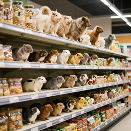 grocery store with animals on the shelves as food