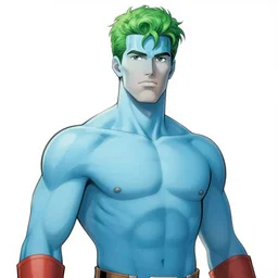 comic book cover graphic illustration of captain planet with joe manchin as captain planet, green hair, light blue skin
