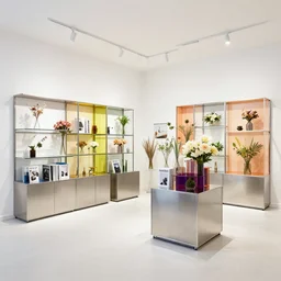flower retail store, minimal, stainless steel and color glass, frame magazine, archidaily, bright light enviroment, contemporary art and sculpture of flower, designed damien hirst, trending on artstation, octane rendering, like art gallery