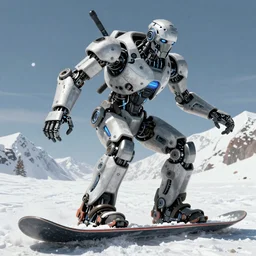 a hyper real comic book style portait painting of a mechanical robot snowboarding, unreal 5, hyperrealistic, octane render, cosplay, RPG portrait, dynamic lighting