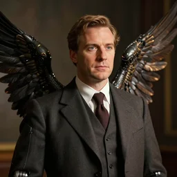 portrait of a robot, suit and tie, wings, historic portrait, dramatic lighting, octane render