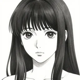 a drawing of a woman with long hair and big eyes by junji ito and dan hillier, featured on deviantart, shock art, sots art, gothic art, demonic photograph, antichrist, creepypasta, outlined art