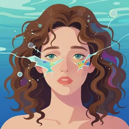 a colorful vibrant closeup portrait of a simple caucasian woman made of water with curly mid length brown hair with a calm afraid aesthetic face broken reflections dreamy vibes and dreaming psychedelic hair, by kawase hasui, moebius, edward hopper and james gilleard, zdzislaw beksinski, steven outram colorful flat surreal design, hd, 8 k, artstation