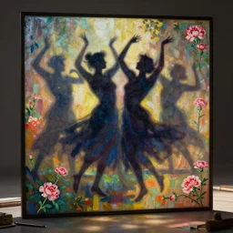 shadow people dancing by gustave dore. back glass painting, carnation, encaustic painting, b - roll, establishing shot, dappled light, crime scene photography, 8 k, vray, unreal engine, blender cycles, colorful