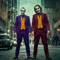 Jason fused with the joker, full body, in an illuminated city, photo realistic