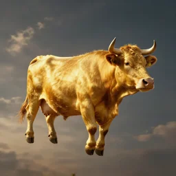 flying golden cows, cinematic lighting