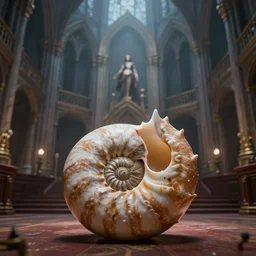 beautiful gothic high court room, epic fantasy, 3d with depth of field, blurred background, female, nautilus. A highly detailed epic cinematic concept art CG render. made in Maya, Blender and Photoshop, octane render, excellent composition, cinematic dystopian brutalist atmosphere, dynamic dramatic cinematic lighting, aesthetic, stylized, very inspirational, Koda Kazuma, Hidetaka Miyazaki, Tetsuya Nomura, Yusuke Murata
