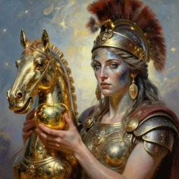 battlefield of trojan war, trojan horse, closeup portrait of eris discordia, holding an reflective gold!!! metal apple, goddess of chaos, galactic face, fantasy character portrait, ultra realistic, wide angle, intricate details, artifacts, luminous skies, michael cheval, peter mohrbacher, boris vallejo, jessica rossier, oil painting, highly detailed, cinematic lighting, unreal