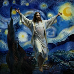 realistic, Jesus Christ in mass effect, dynamic lighting, super super dynamic dynamic pose, space, starry night, intense, painting