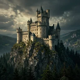 massivecastle on a mountain cliff, sourrounded by northern forrest, dramatic lighting, cinematic, establishing shot, extremly high detail, foto realistic, pirates of the carribean, cinematic lighting, post processed, concept art, artstation, matte painting, style by eddie mendoza, raphael lacoste, alex ross