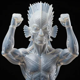 high resolution plastic displacement wrapped translucent morphed garden face, normal map made gills, bump map fins of muscles face fishes morphed head scales muscular body face molecules biceps triceps, morphing muscles bodies strong strongest muscles merged with muscular body