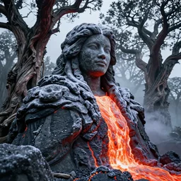 beautiful stone woman, lava flowing, exotic trees, bare bark, dark eyes, low angle mist, high octane, frostbite, 8 k, cinematic, 3 5 mm