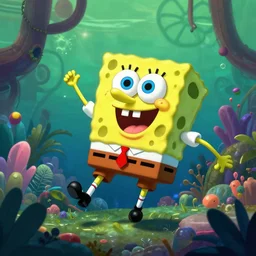 SpongeBob SquarePants learning to fly in a jungle, Cyberpunk digital art
