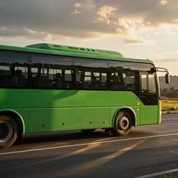 a photo of a green bus, golden hour