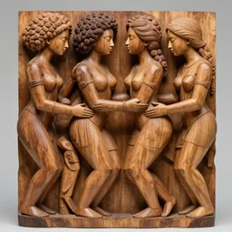intricate wood sculpture of beautiful racially diverse people caressing