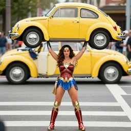 gal gadot's wonder woman lifting a yellow volkswagen beetle over head, while standing in the middle of an intersection, hyperreal - n 4