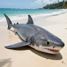 A realistic photo of a giant dead Megalodon on the beach