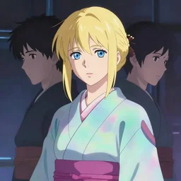 beautiful blonde swedish woman, blue eyes, futuristic, somber, iridescent sci-fi kimono, by Makoto Shinkai and Wojtek Fus, by studio trigger, rossdraws, ambient occlusion, clean lineart and color, vibrant