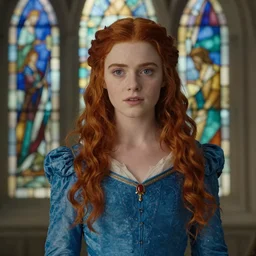 screen shot of lord of the rings, a beautiful red hair girl, blue dress, detailed, colourful glass in background _ h 7 0 4