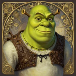 Shrek de Rivia closeup, D&D, fantasy, intricate, elegant, highly detailed, digital painting, artstation, concept art, matte, sharp focus, illustration, hearthstone, art by Artgerm and Greg Rutkowski and Alphonse Mucha