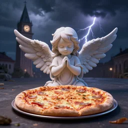 pizza angel, 3 d model, unreal engine, octane render, 4 k, ultra realstic, eerie lighting, realistic shadows, clock tower in background, lightning, dark clouds in the sky