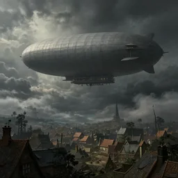 Fantasy village, view of the sky above. The sky is completely covered to the horizon by an incredibly huge airship-like ship. The ship flies among the clouds. Dark colors, extremely high detail, realistic, dark fantasy art, masterpiece, 8k, octane rendering, Arthur Rackham painting, art by Victoria Frances, Frank Frazetta.