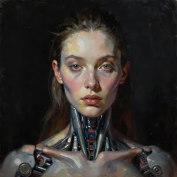 refined gorgeous blended oil painting with black background portrait of an extremely beautiful cyborg ai by christian rex van minnen rachel ruysch dali todd schorr chiaroscuro cast shadows obscuring features dramatic lighting perfect composition masterpiece