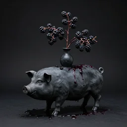 sculpture of a pig and blackberries, ikebana vase, photorealistic, centred, black background, obsidian, berry juice splashes, zen, trending on artstation