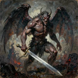Mixed media art. a large, muscular demon-like creature with wings, standing in a dark, hellish landscape. The creature has red eyes and sharp teeth, and is holding a large sword in one hand.  by Jimmy Ernst, by Martin Johnson Heade mild