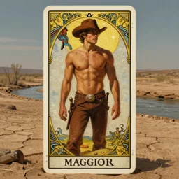 a dramatic, epic, ethereal tarot painting of a handsome!! brown shirtless cowboy | background is a dry dusty riverbed drought | tarot card, art deco, art nouveau | by mark maggiori | trending on artstation