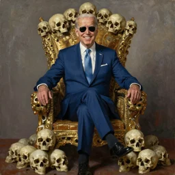 Joe Biden sitting on his throne of skulls with his sunglasses on and grinning, oil on canvas, 1883