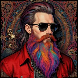 detailed hipster skinny man with sunglasses, long vibrant colored beard, red shirt, by james gurney + intricate and vibrant work + portrait + trending on artstation + incredible gothic illustration + exquisite detail